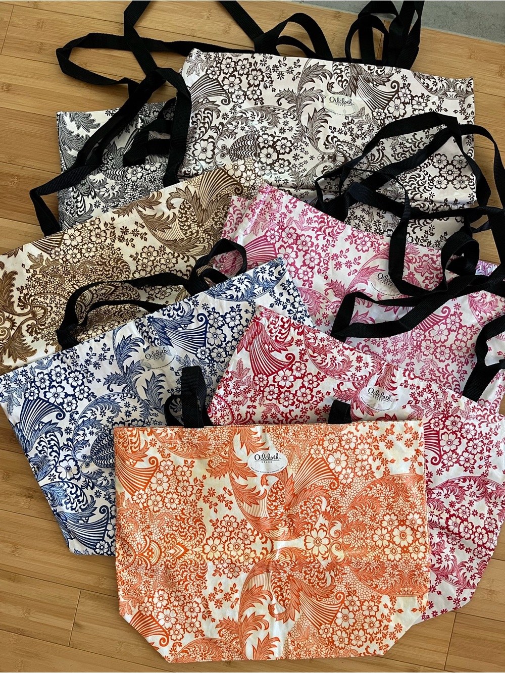 Oilcloth Tote Bag (paisley, polka dot, checker, floral) with black straps